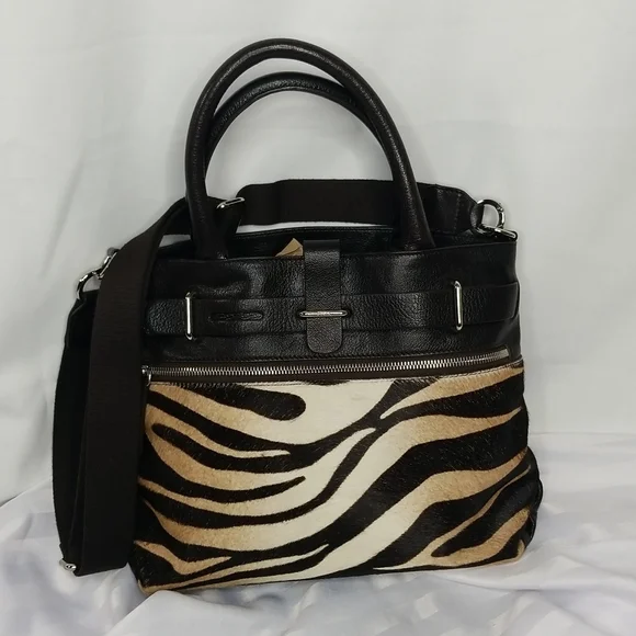 FURLA BROWN LEATHER TOTE-CROSSBODY BAG WITH ANIMAL HAIR FRONT - Picture 1 of 9